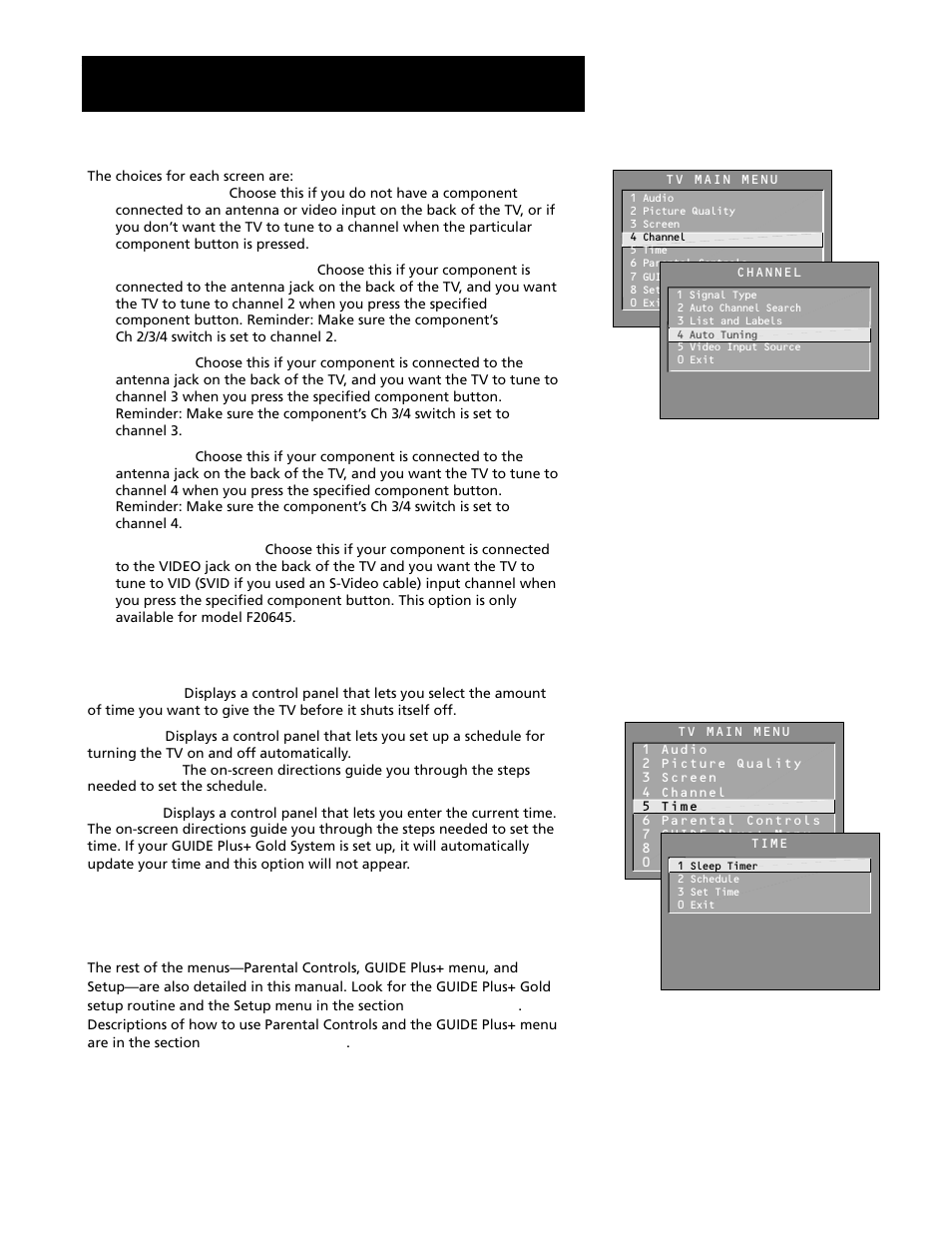 Time menu, Other menus, Using the menu system | RCA F20645 User Manual | Page 38 / 64