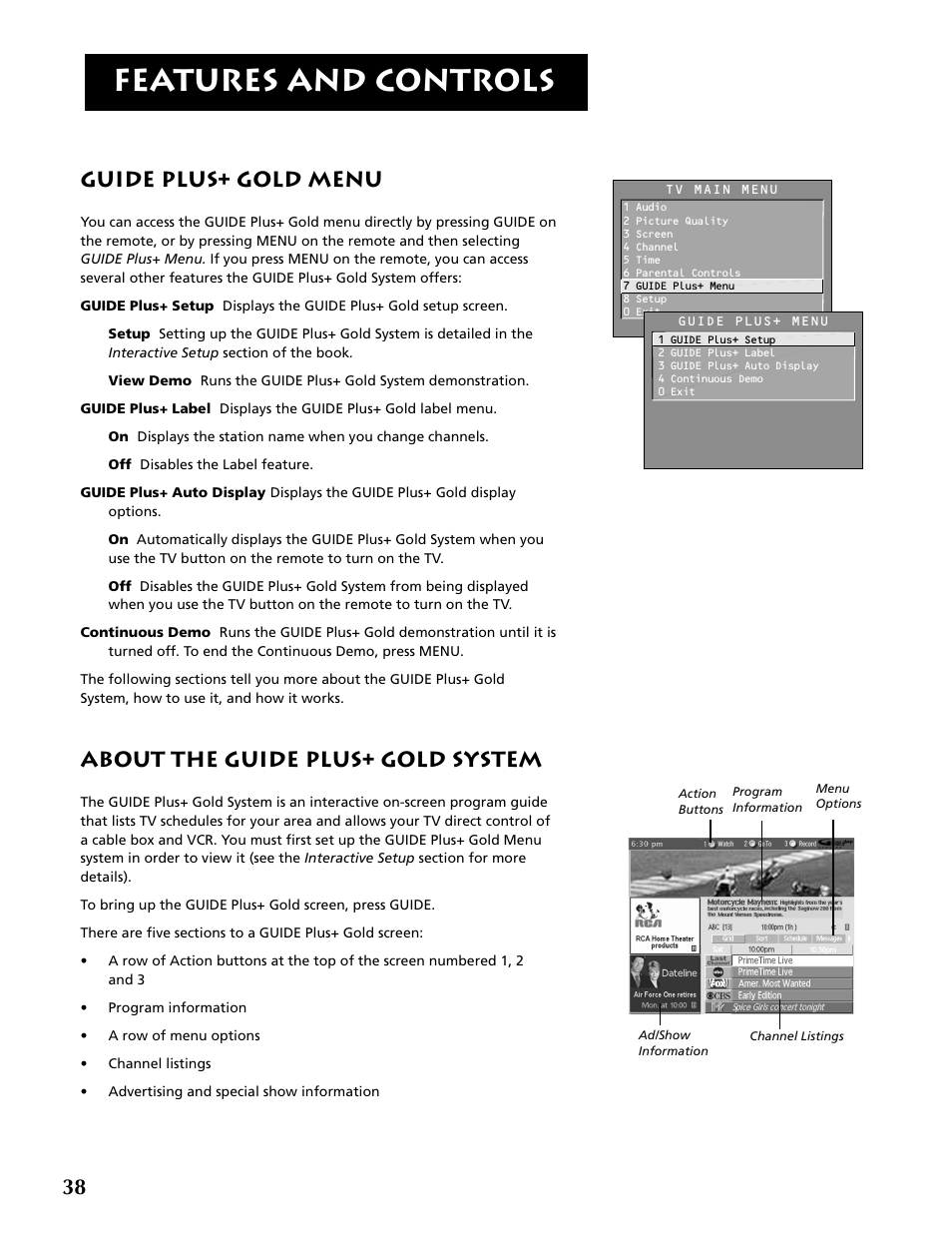 Features and controls, Guide plus+ gold menu, About the guide plus+ gold system | RCA F20645 User Manual | Page 40 / 64