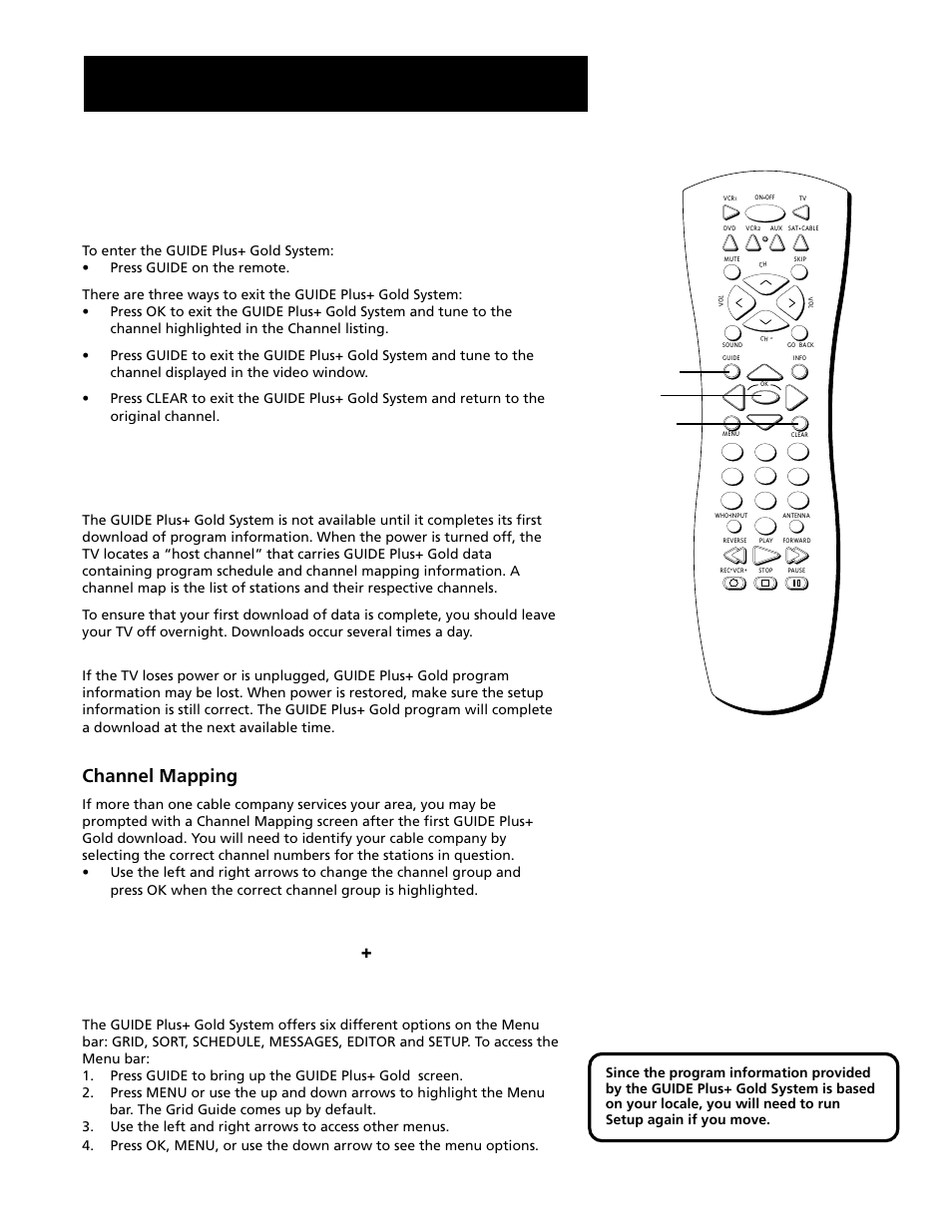 Getting in & out of the guide plus+ gold system, Downloading data, Guide plus+ gold system menus | Features and controls, Channel mapping, The different guide plus+ gold system menus | RCA F20645 User Manual | Page 41 / 64