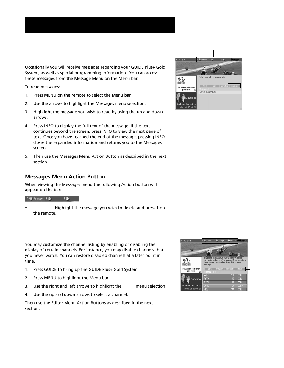 Messages, Editor, Features and controls | RCA F20645 User Manual | Page 45 / 64