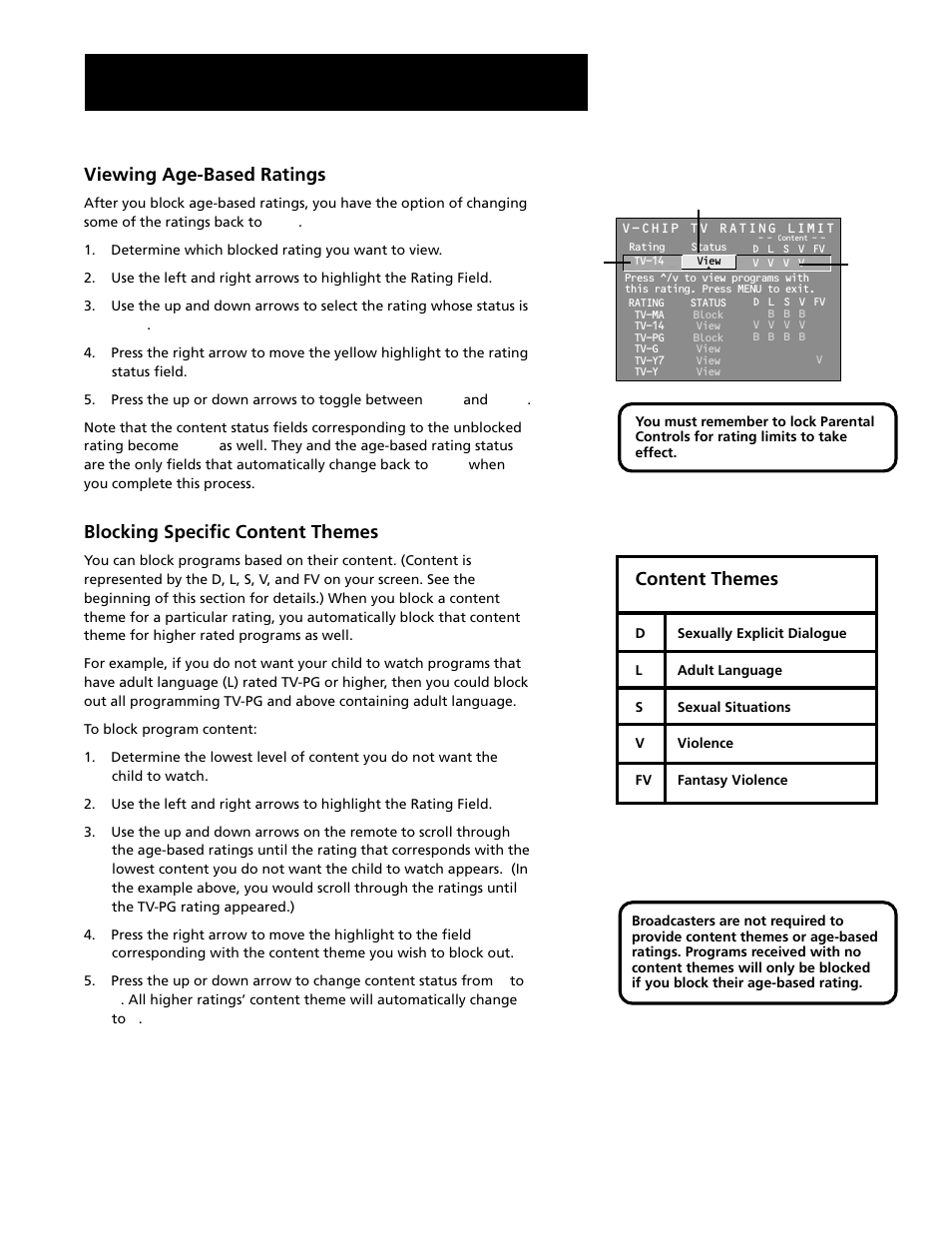 Features and controls, Viewing age-based ratings, Blocking specific content themes | Content themes | RCA F20645 User Manual | Page 52 / 64