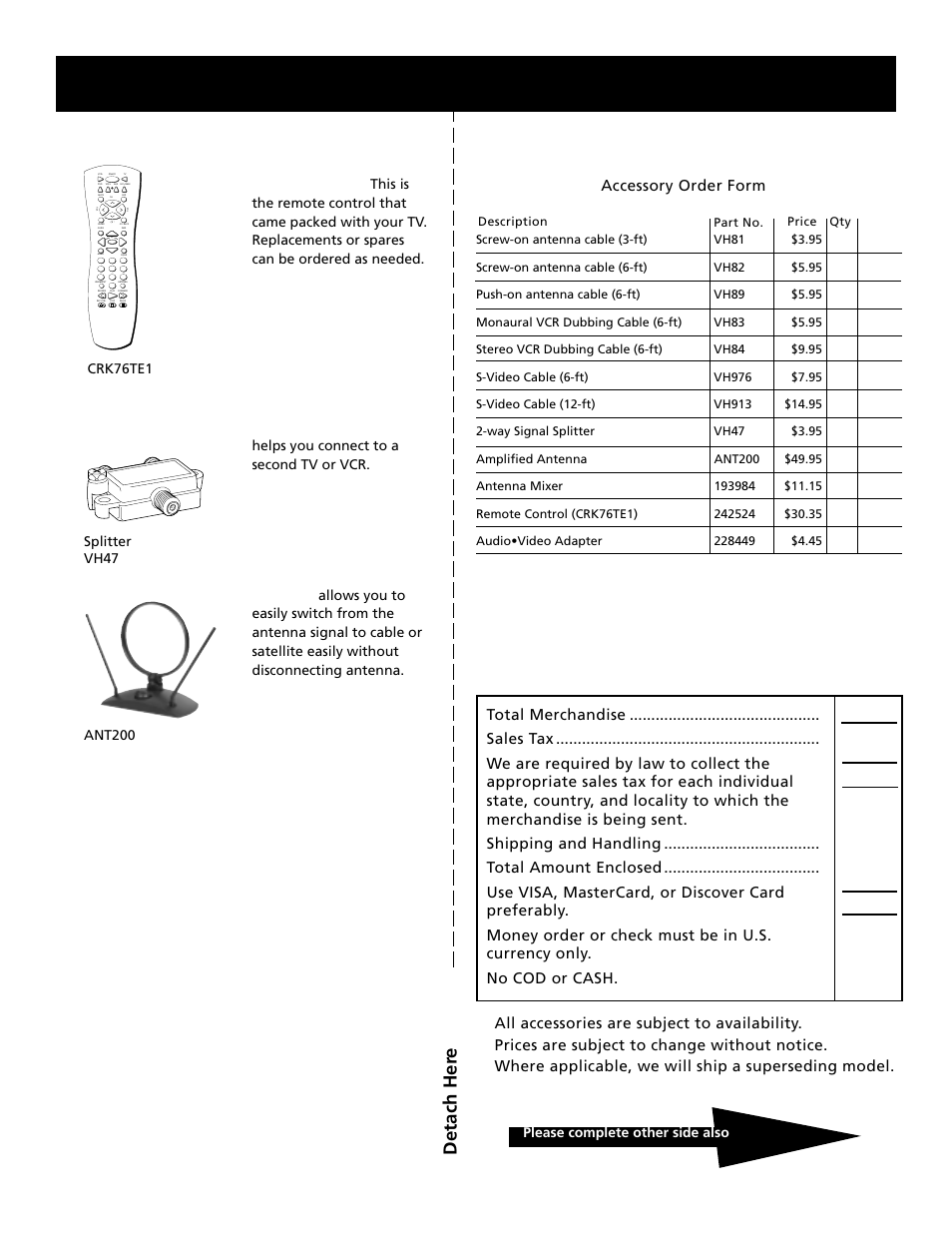 Reference, Detach her e, Accessory order form | Crk76te1, Please complete other side also | RCA F20645 User Manual | Page 61 / 64