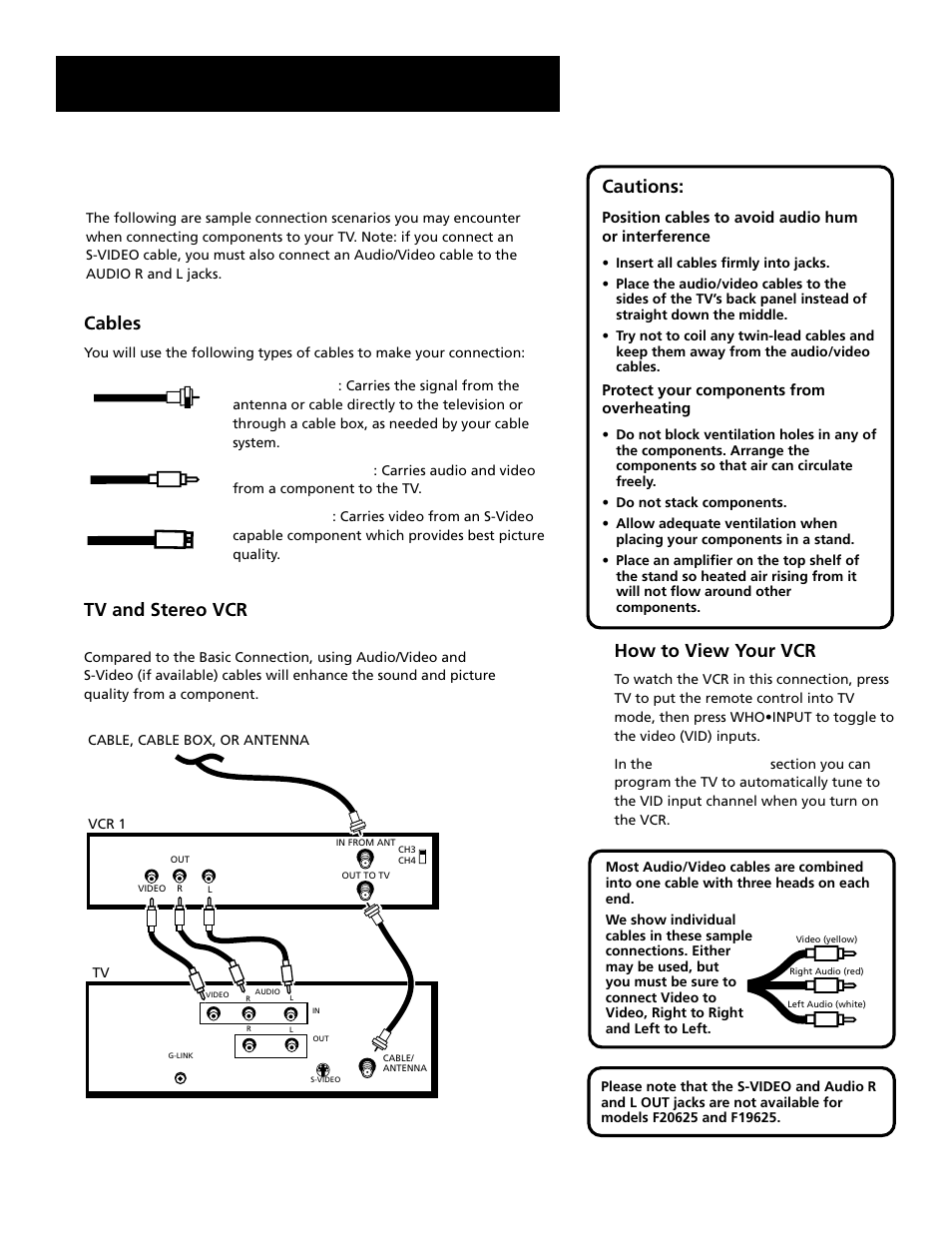 Sample connections, Setup and connections, Cautions | How to view your vcr, Tv and stereo vcr, Cables | RCA F20645 User Manual | Page 9 / 64