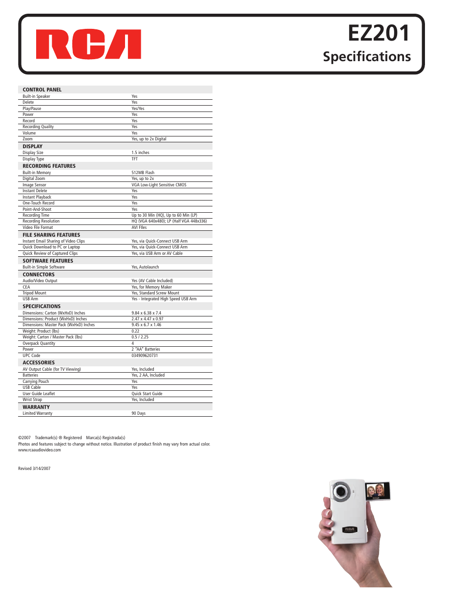 Ez201, Specifications | RCA Small Wonder EZ201 User Manual | Page 2 / 2