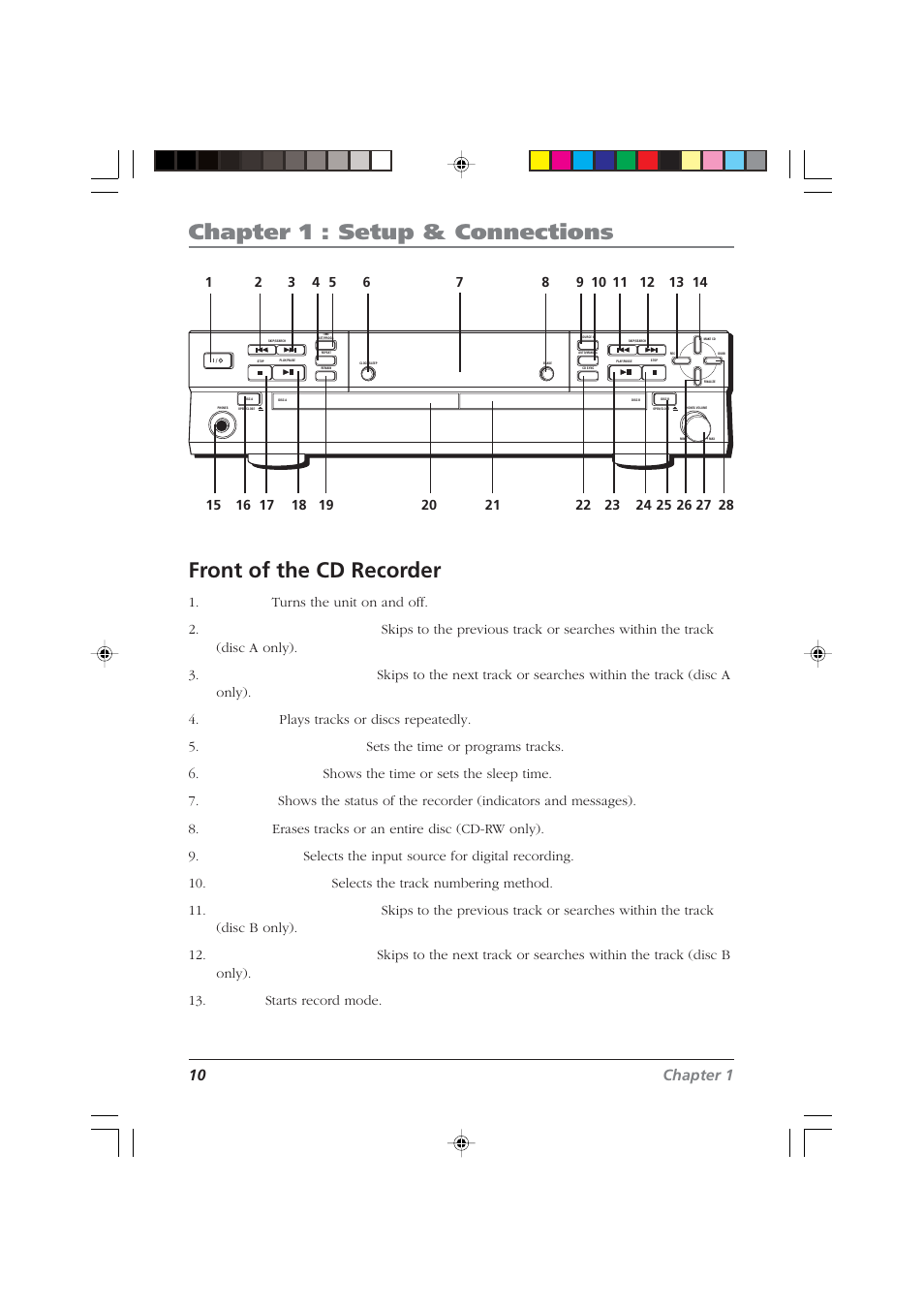 Chapter 1 : setup & connections, Front of the cd recorder, 10 chapter 1 | RCA CDRW10 User Manual | Page 12 / 32