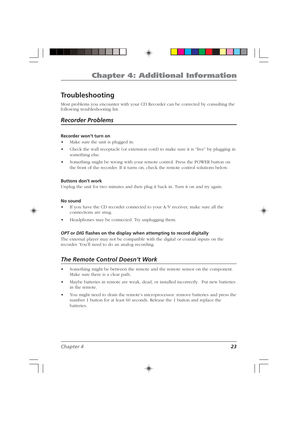 Chapter 4: additional information, Troubleshooting, Recorder problems | The remote control doesn’t work | RCA CDRW10 User Manual | Page 25 / 32