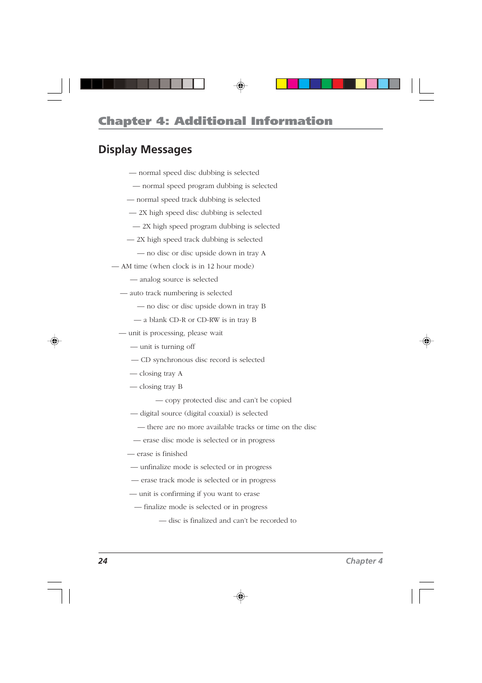 Chapter 4: additional information, Display messages | RCA CDRW10 User Manual | Page 26 / 32