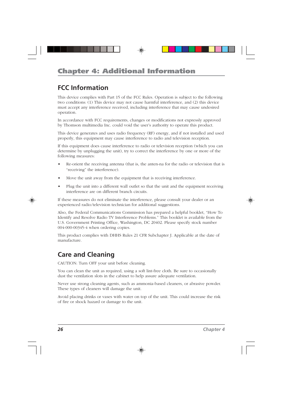 Chapter 4: additional information, Fcc information, Care and cleaning | RCA CDRW10 User Manual | Page 28 / 32