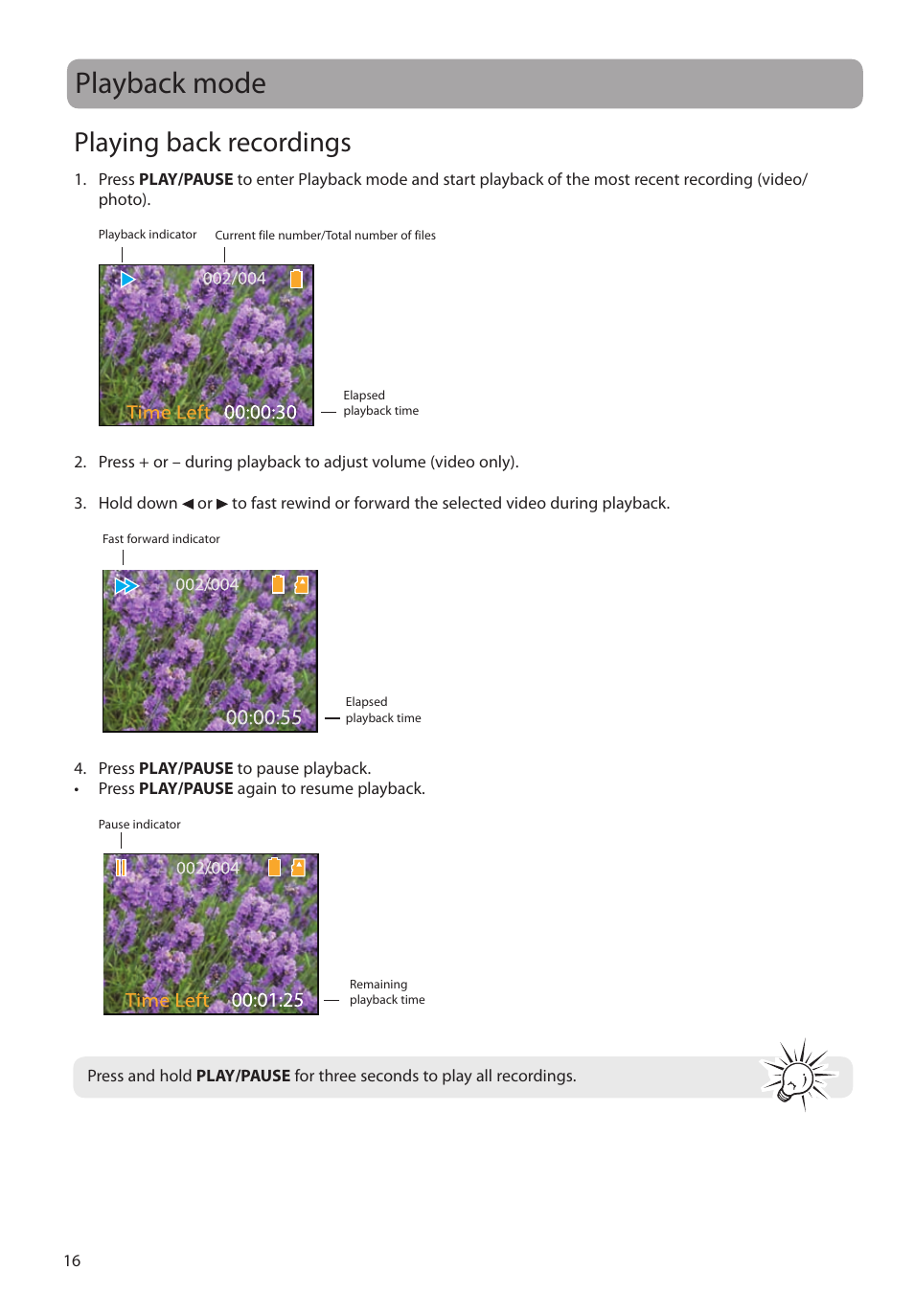 Playback mode, Playing back recordings | RCA EZ1000BK User Manual | Page 17 / 29