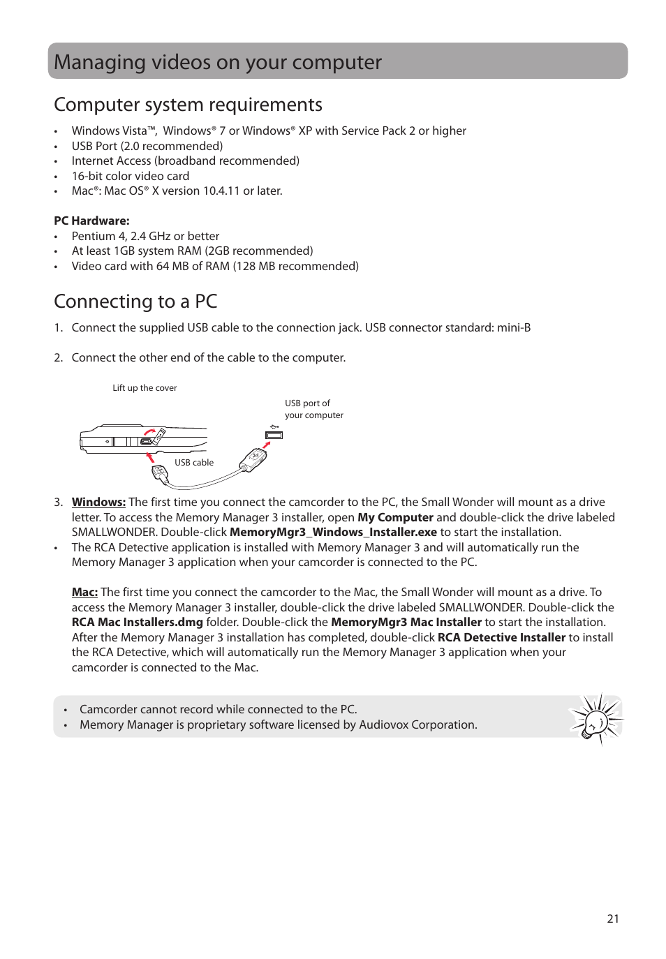 Managing videos on your computer, Computer system requirements, Connecting to a pc | RCA EZ1000BK User Manual | Page 22 / 29