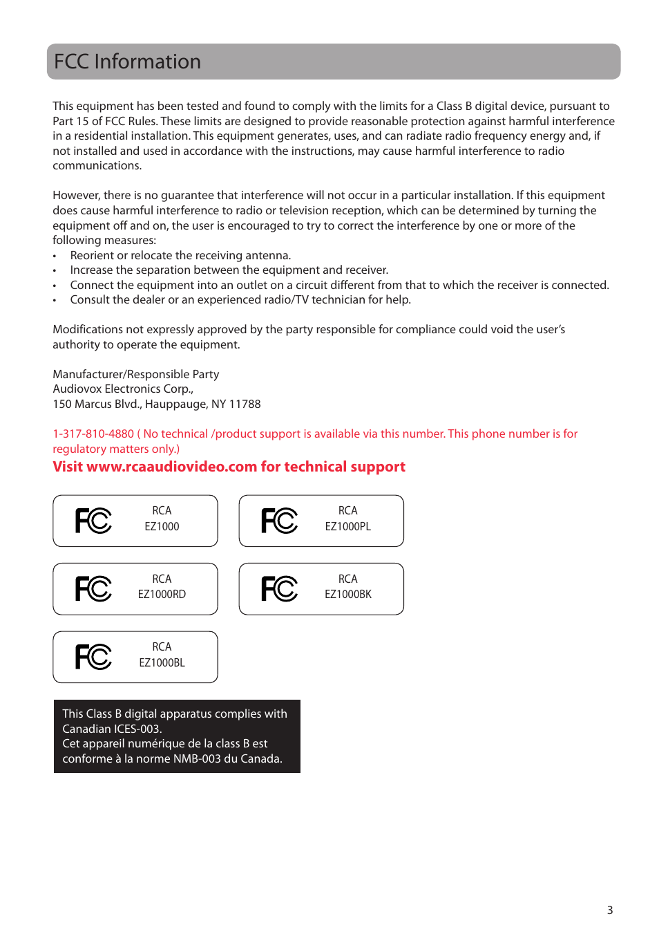 Fcc information | RCA EZ1000BK User Manual | Page 4 / 29