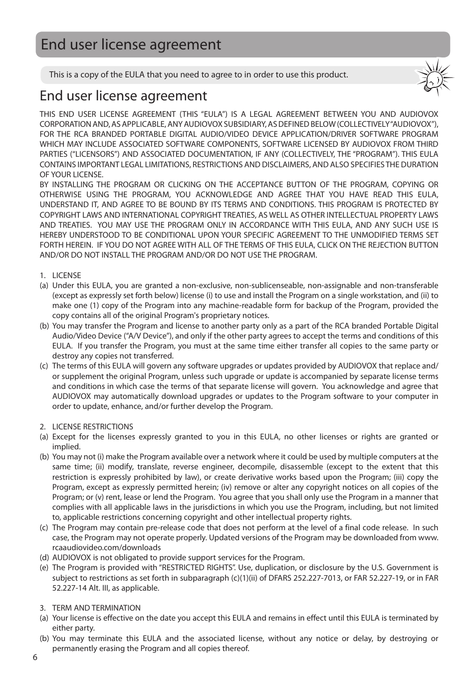 End user license agreement | RCA EZ1000BK User Manual | Page 7 / 29