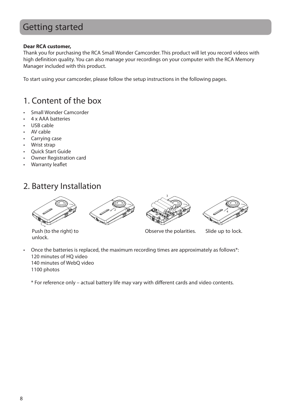 Getting started, Content of the box, Battery installation | RCA EZ1000BK User Manual | Page 9 / 29