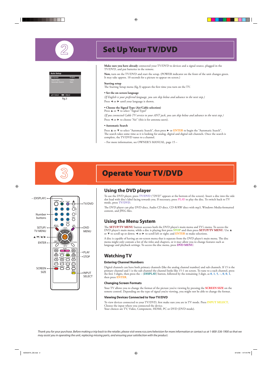 Set up your tv/dvd operate your tv/dvd, Using the dvd player, Using the menu system | Watching tv | RCA 52D0207A User Manual | Page 2 / 2
