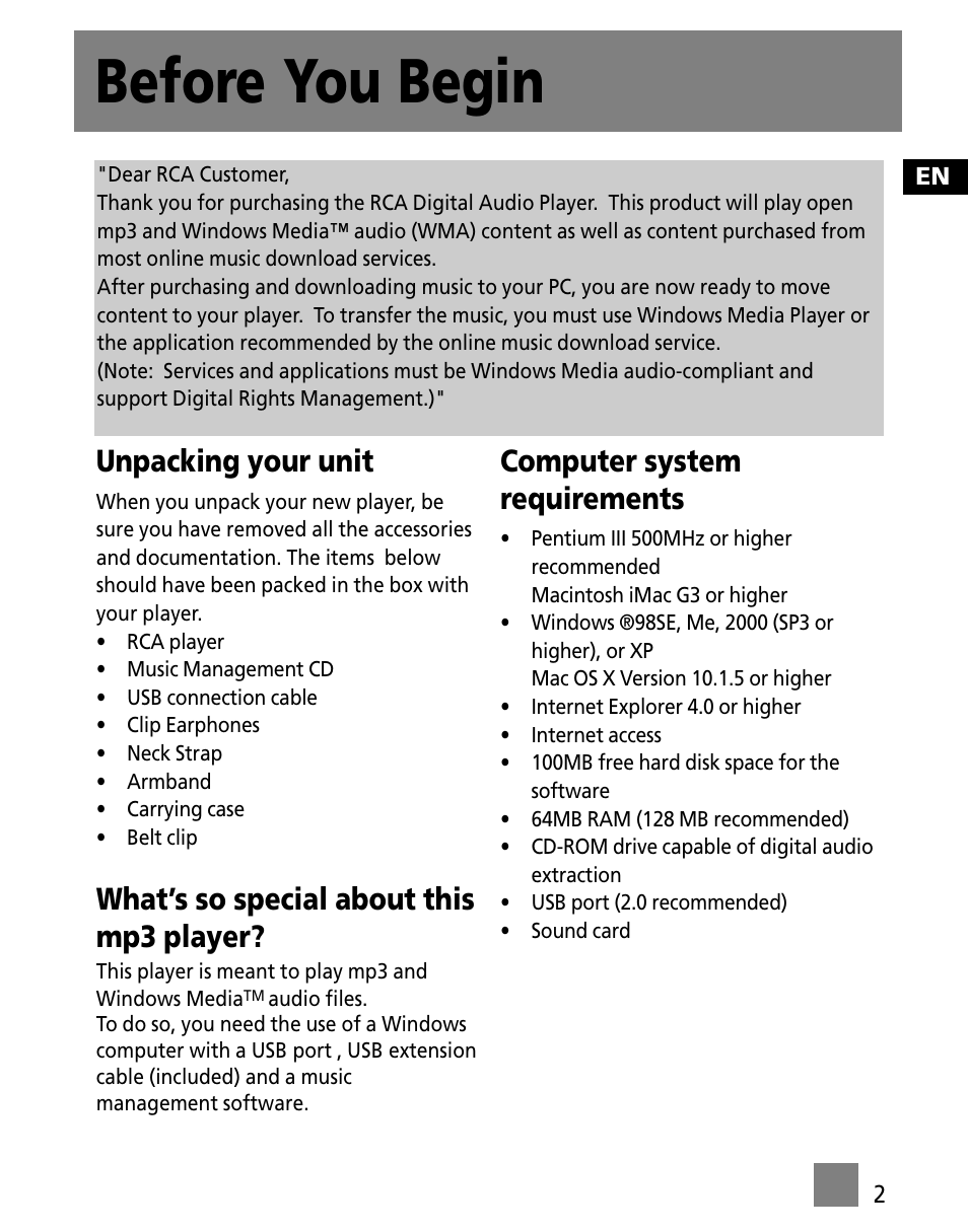 Before you begin, Unpacking your unit, What’s so special about this mp3 player | Computer system requirements | RCA SC1002 User Manual | Page 11 / 48