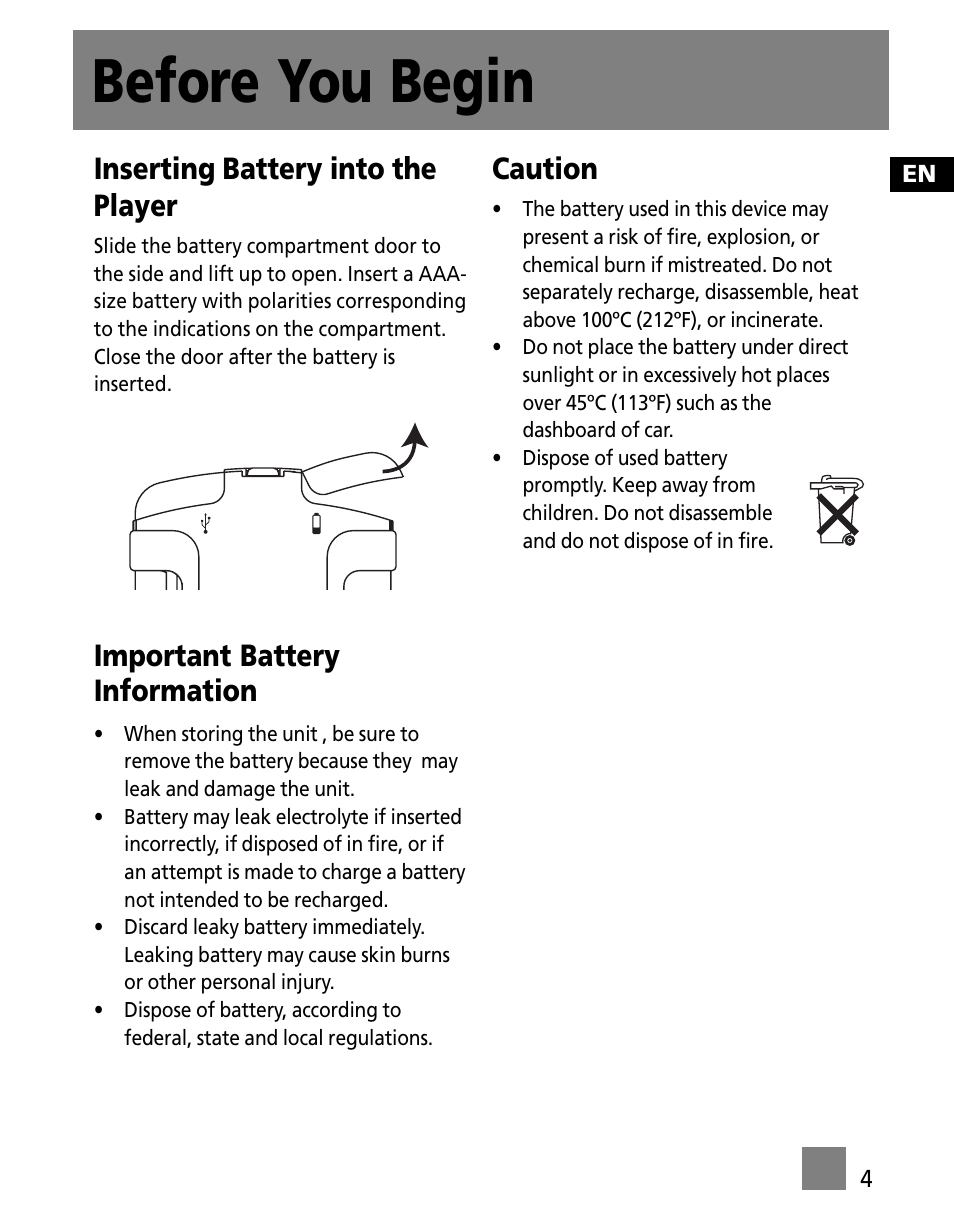 Before you begin, Inserting battery into the player, Important battery information | Caution | RCA SC1002 User Manual | Page 13 / 48