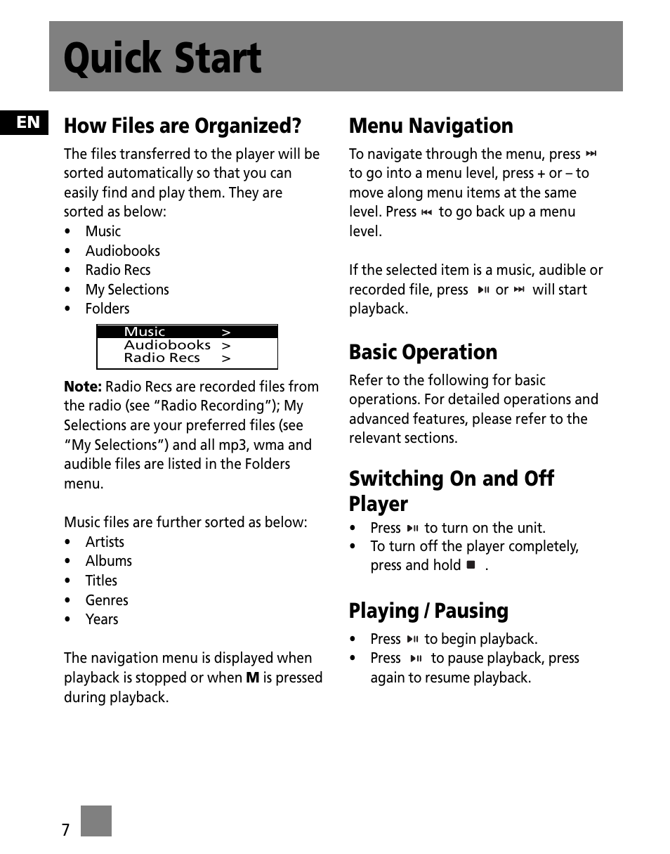 Quick start, How files are organized, Menu navigation | Basic operation, Switching on and off player, Playing / pausing | RCA SC1002 User Manual | Page 16 / 48