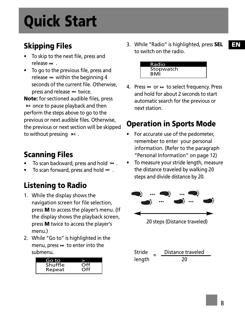 Quick start, Skipping files, Scanning files | Listening to radio, Operation in sports mode | RCA SC1002 User Manual | Page 17 / 48