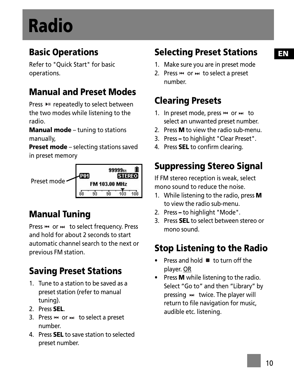 Radio, Basic operations, Manual and preset modes | Manual tuning, Saving preset stations, Selecting preset stations, Clearing presets, Suppressing stereo signal, Stop listening to the radio | RCA SC1002 User Manual | Page 19 / 48