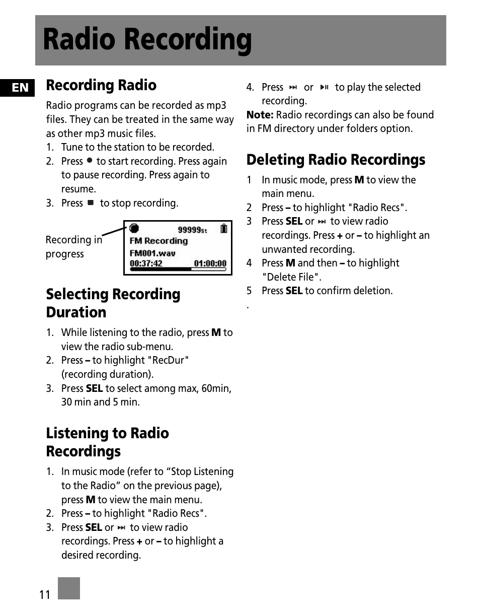 Radio recording, Recording radio, Selecting recording duration | Listening to radio recordings, Deleting radio recordings | RCA SC1002 User Manual | Page 20 / 48