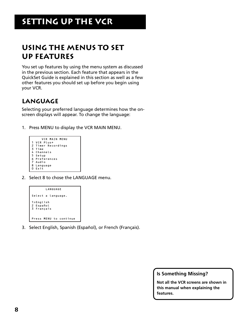 Using the menus to set up features, Language, Setting up the vcr | RCA VR704HF User Manual | Page 10 / 88