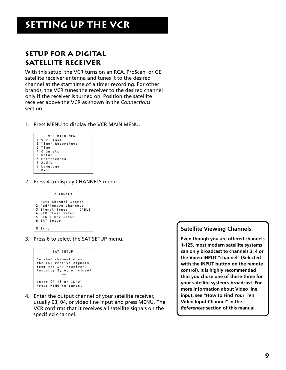 Setup for a digital satellite receiver, Setting up the vcr | RCA VR704HF User Manual | Page 11 / 88