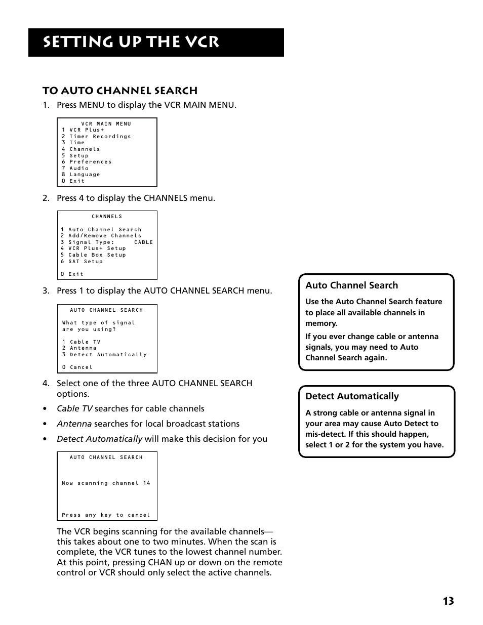 To auto channel search, Setting up the vcr | RCA VR704HF User Manual | Page 15 / 88