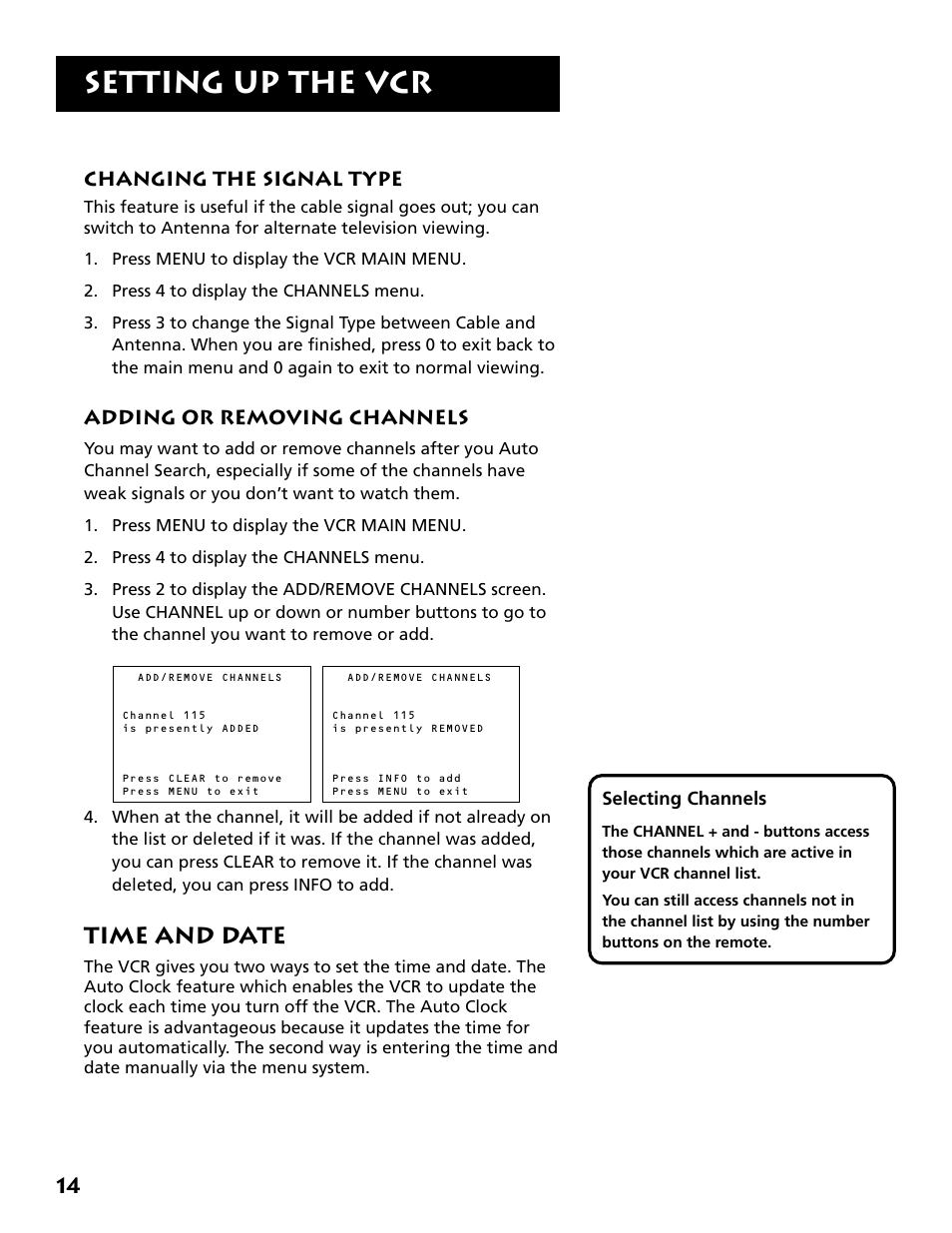 Changing the signal type, Adding or removing channels, Time and date | Setting up the vcr | RCA VR704HF User Manual | Page 16 / 88