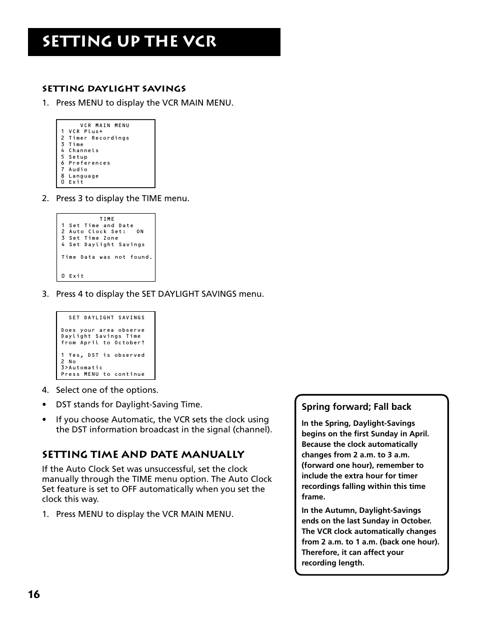 Setting daylight savings, Setting time and date manually, Setting up the vcr | RCA VR704HF User Manual | Page 18 / 88