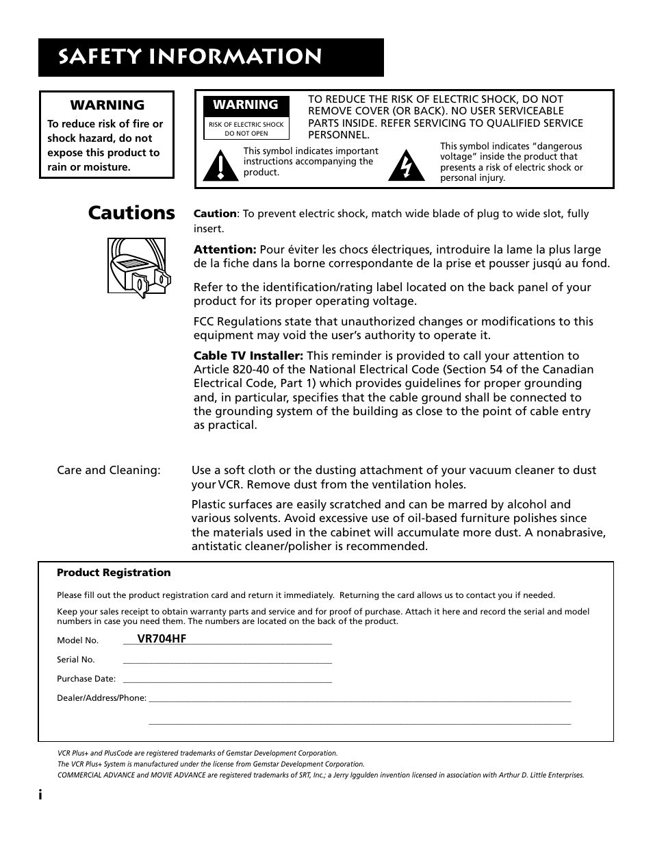 Safety information, Cautions, Warning | RCA VR704HF User Manual | Page 2 / 88