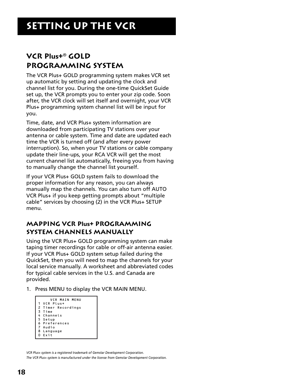 Vcr plus+ gold programming system, Mapping system channels manually, Setting up the vcr | Vcr plus, Gold programming system | RCA VR704HF User Manual | Page 20 / 88