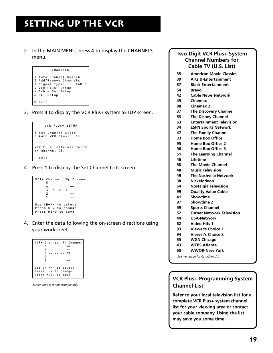 Setting up the vcr, Vcr plus+ programming system channel list | RCA VR704HF User Manual | Page 21 / 88