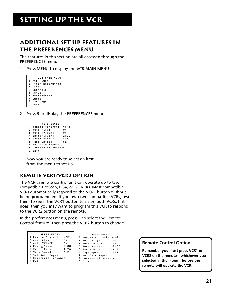 Additional set up features, Remote vcr1/vcr2 option, Setting up the vcr | Additional set up features in the preferences menu, Remote control option, Press 6 to display the preferences menu | RCA VR704HF User Manual | Page 23 / 88