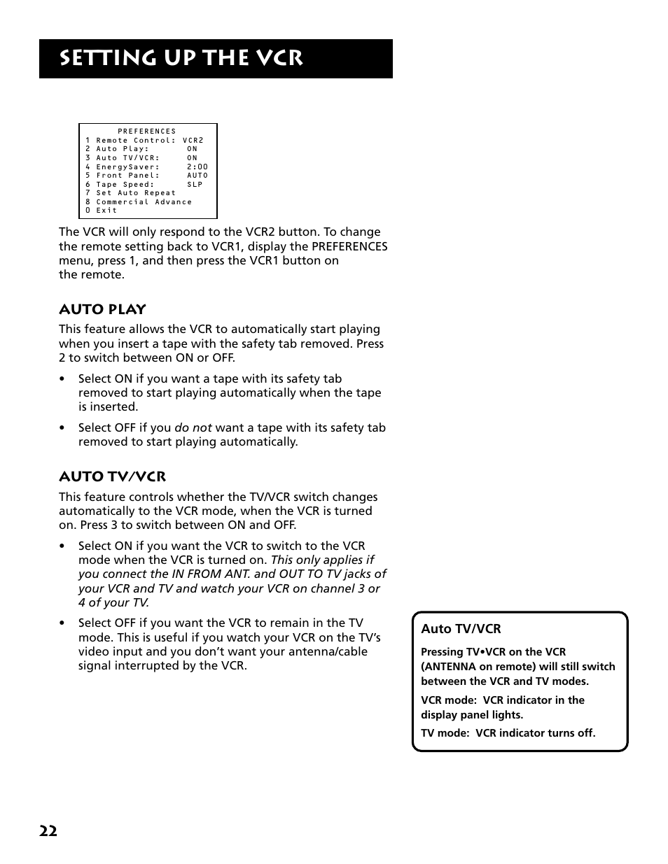 Auto play, Auto tv/vcr, Auto play auto tv/vcr | Setting up the vcr | RCA VR704HF User Manual | Page 24 / 88