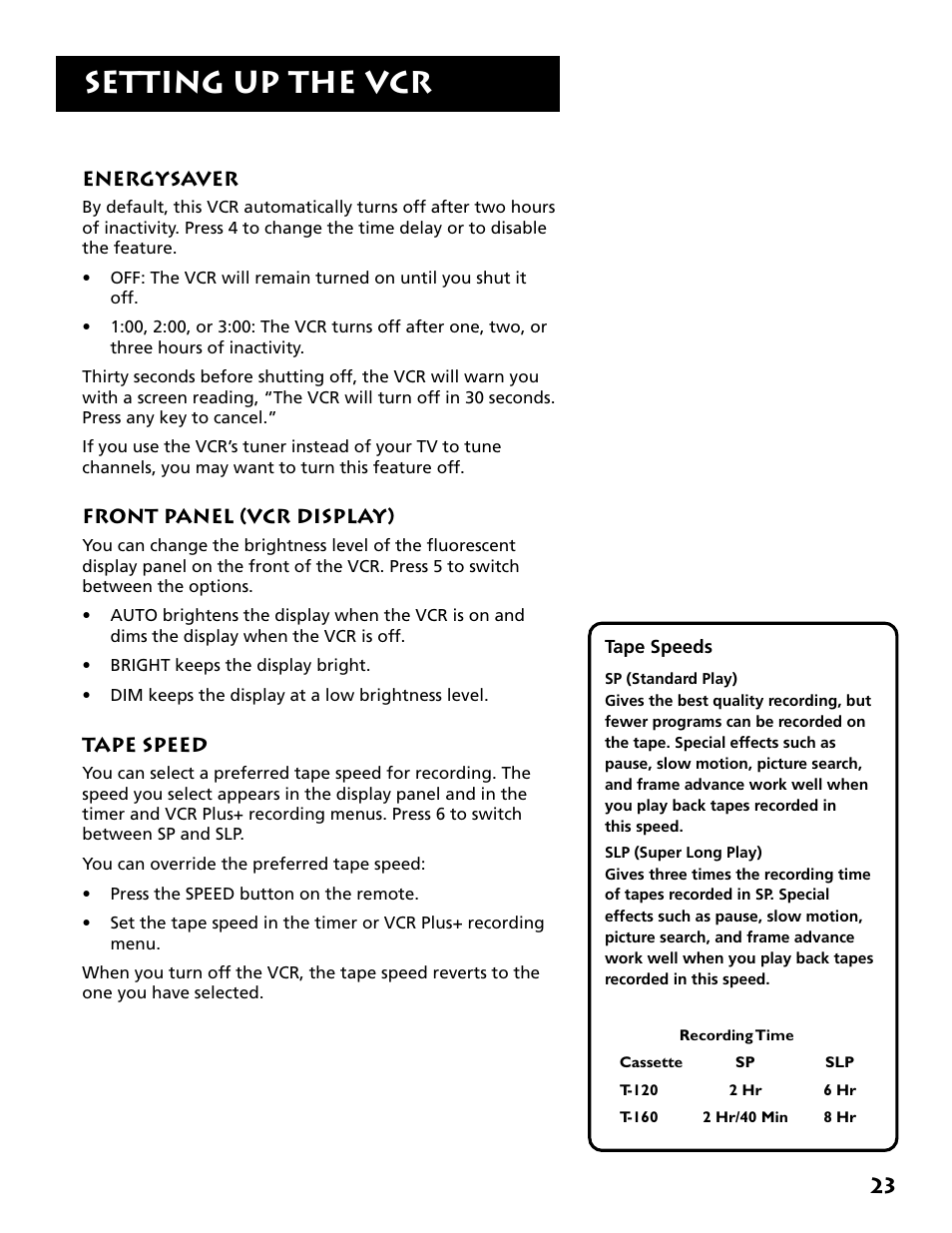 Energysaver, Front panel (vcr display), Tape speed | Energysaver front panel (vcr display) tape speed, Setting up the vcr | RCA VR704HF User Manual | Page 25 / 88