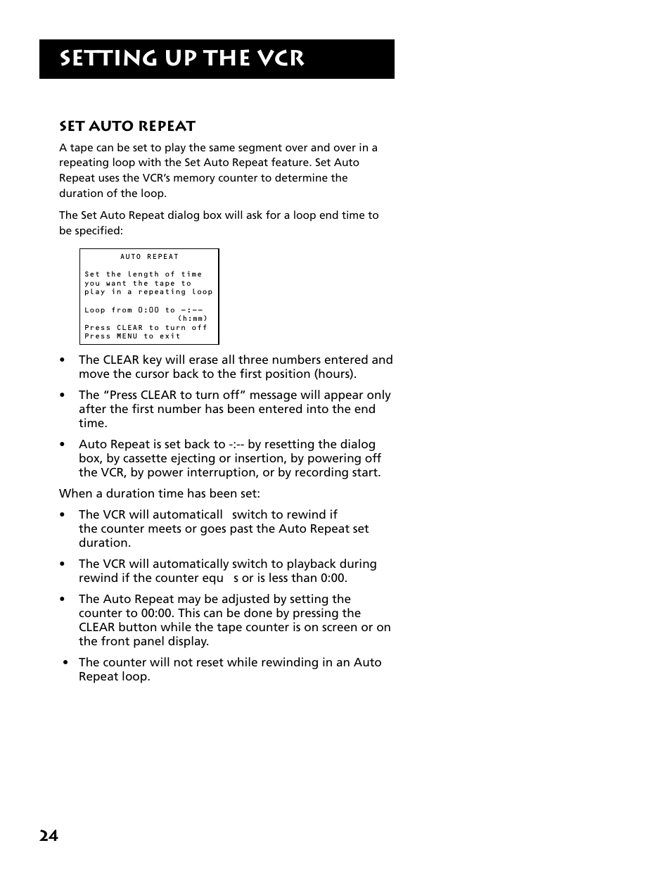 Set auto repeat, Setting up the vcr | RCA VR704HF User Manual | Page 26 / 88