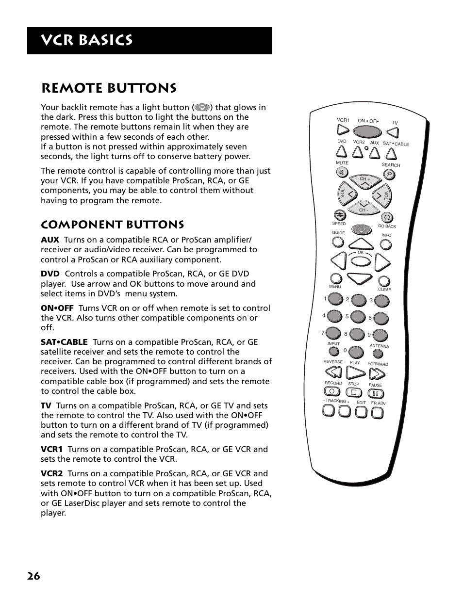 Remote buttons, Component buttons, Vcr basics | RCA VR704HF User Manual | Page 28 / 88