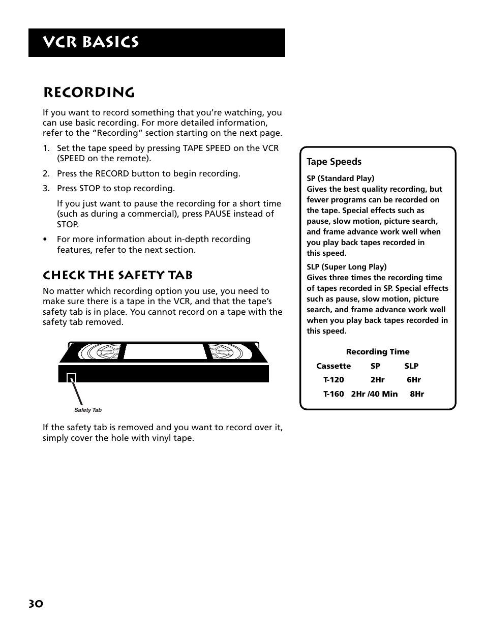 Recording, Check the safety tab, Vcr basics | RCA VR704HF User Manual | Page 32 / 88