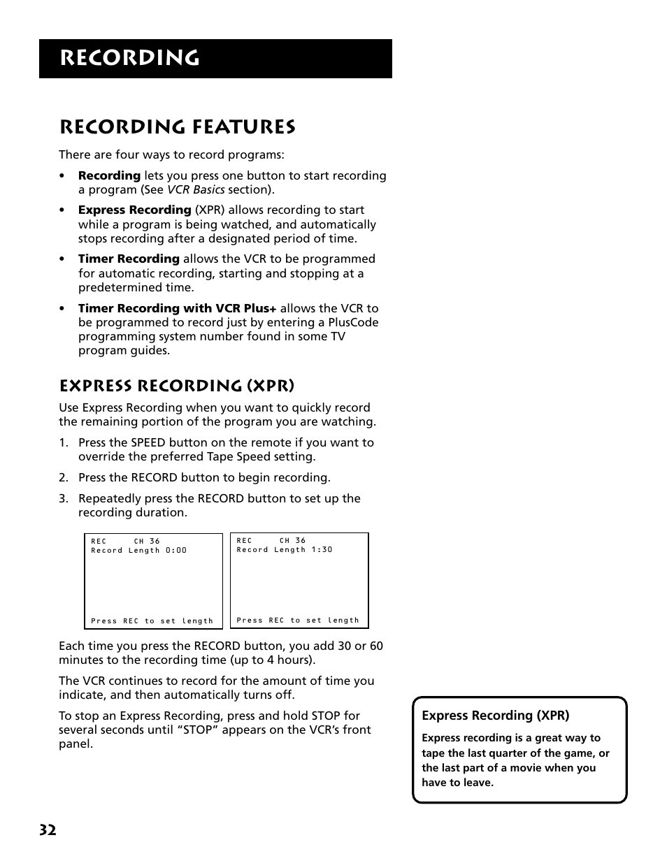 Recording features, Express recording (xpr), Recording | RCA VR704HF User Manual | Page 34 / 88