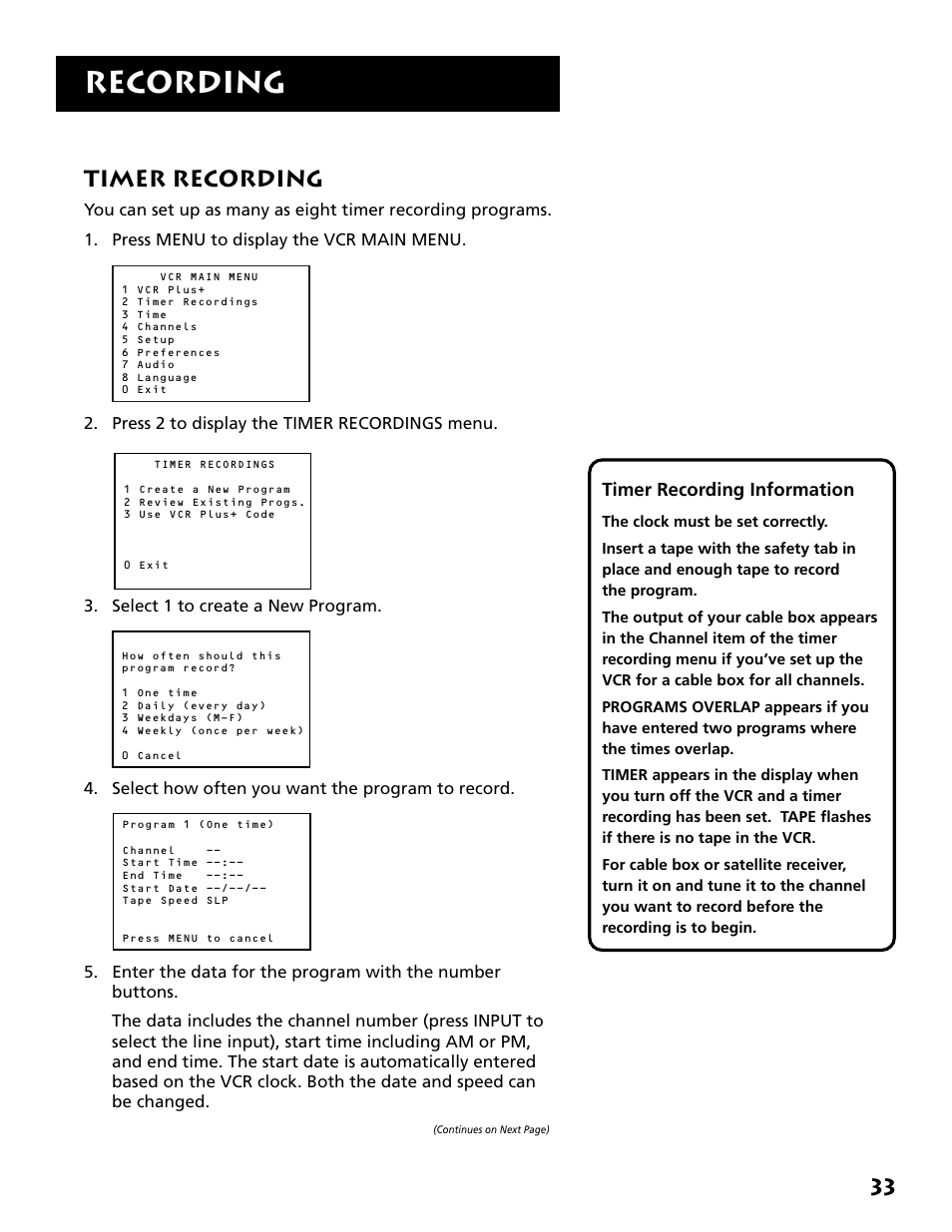 Timer recording, Recording | RCA VR704HF User Manual | Page 35 / 88
