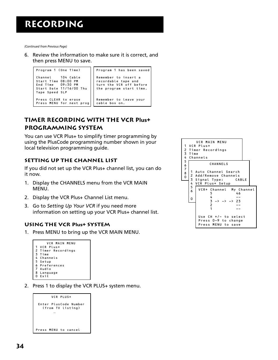 Timer recording with the vcr plus+ system, Setting up the channel list, Using the system | Setting up the channel list using the system, Recording | RCA VR704HF User Manual | Page 36 / 88