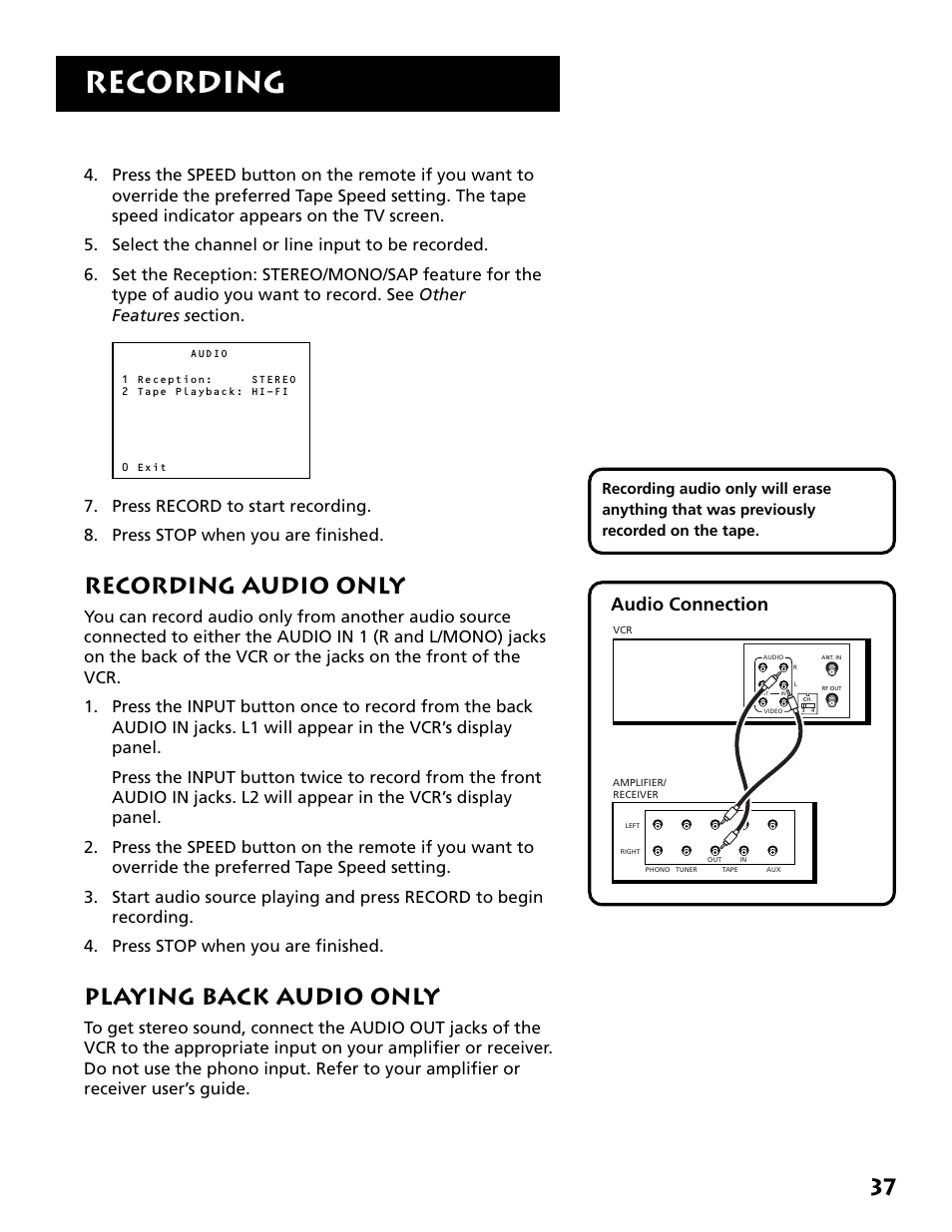 Recording audio only, Playing back audio only, Recording audio only playing back audio only | Recording, Audio connection | RCA VR704HF User Manual | Page 39 / 88