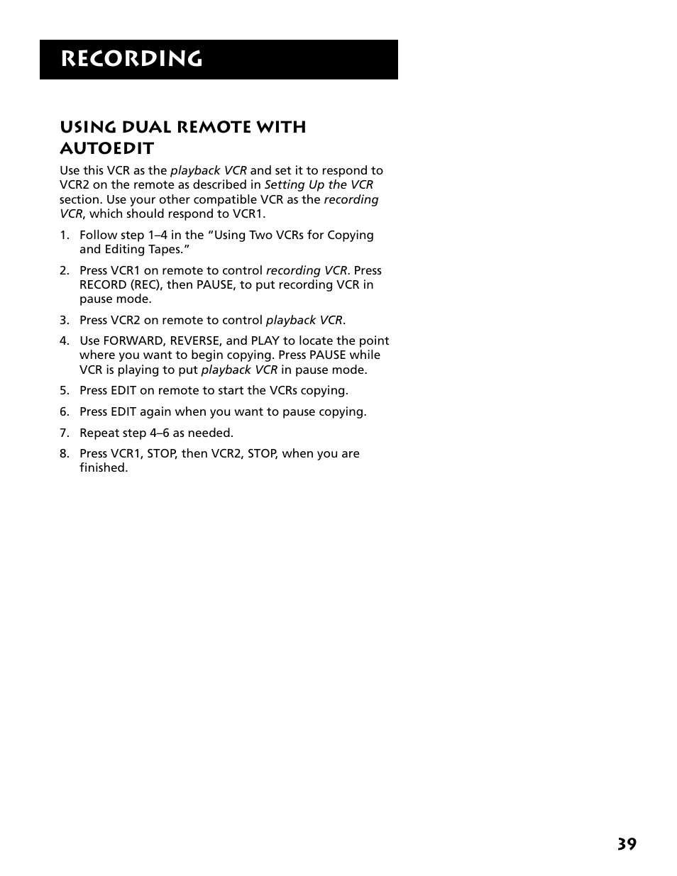 Using dual remote with autoedit, Recording | RCA VR704HF User Manual | Page 41 / 88