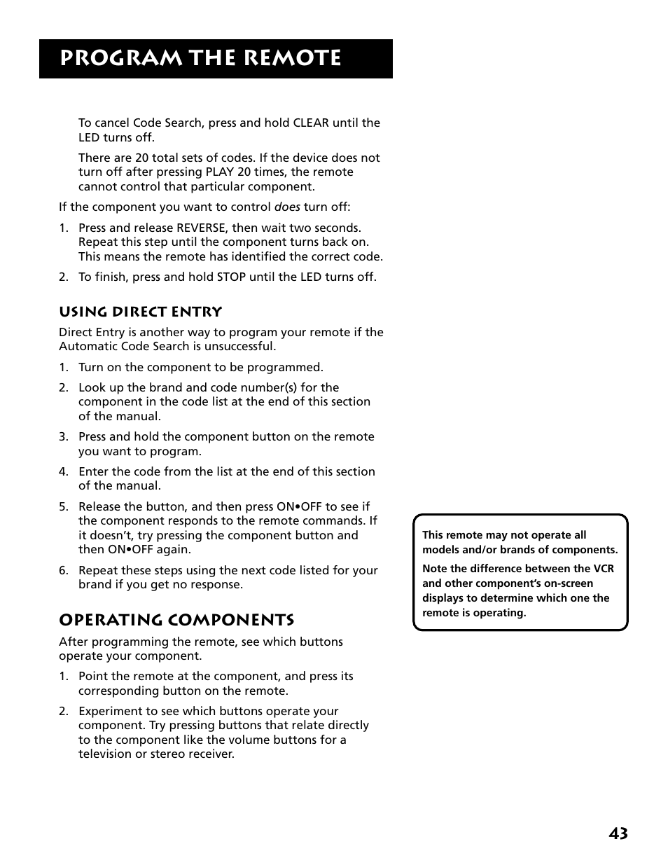 Using direct entry, Operating components, Program the remote | RCA VR704HF User Manual | Page 45 / 88