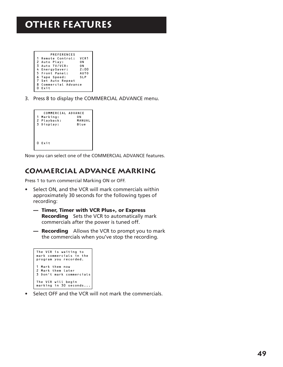 Marking, Other features, Commercial advance marking | Press 8 to display the commercial advance menu | RCA VR704HF User Manual | Page 51 / 88