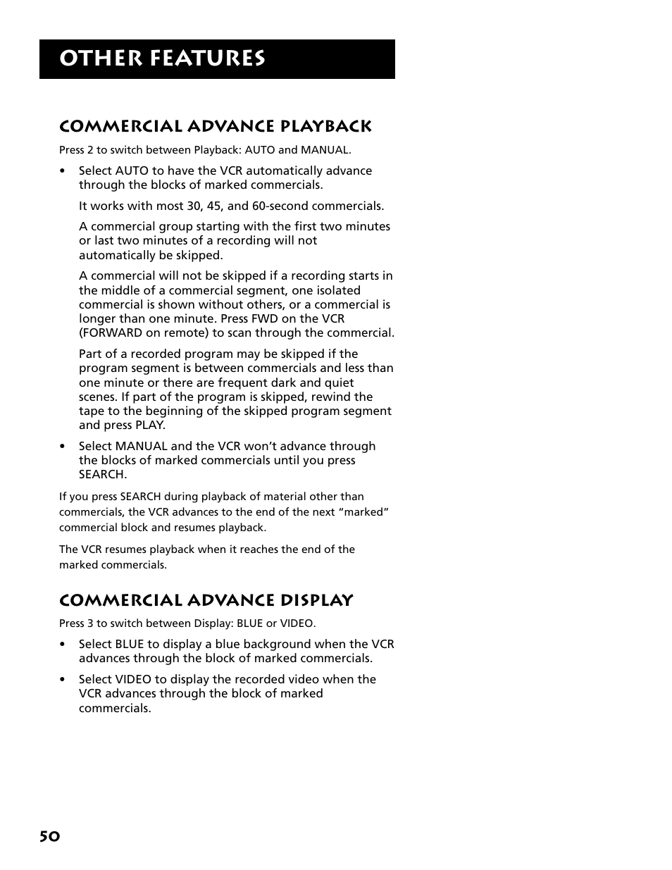 Playback, Display, Playback display | Other features, Commercial advance playback, Commercial advance display | RCA VR704HF User Manual | Page 52 / 88