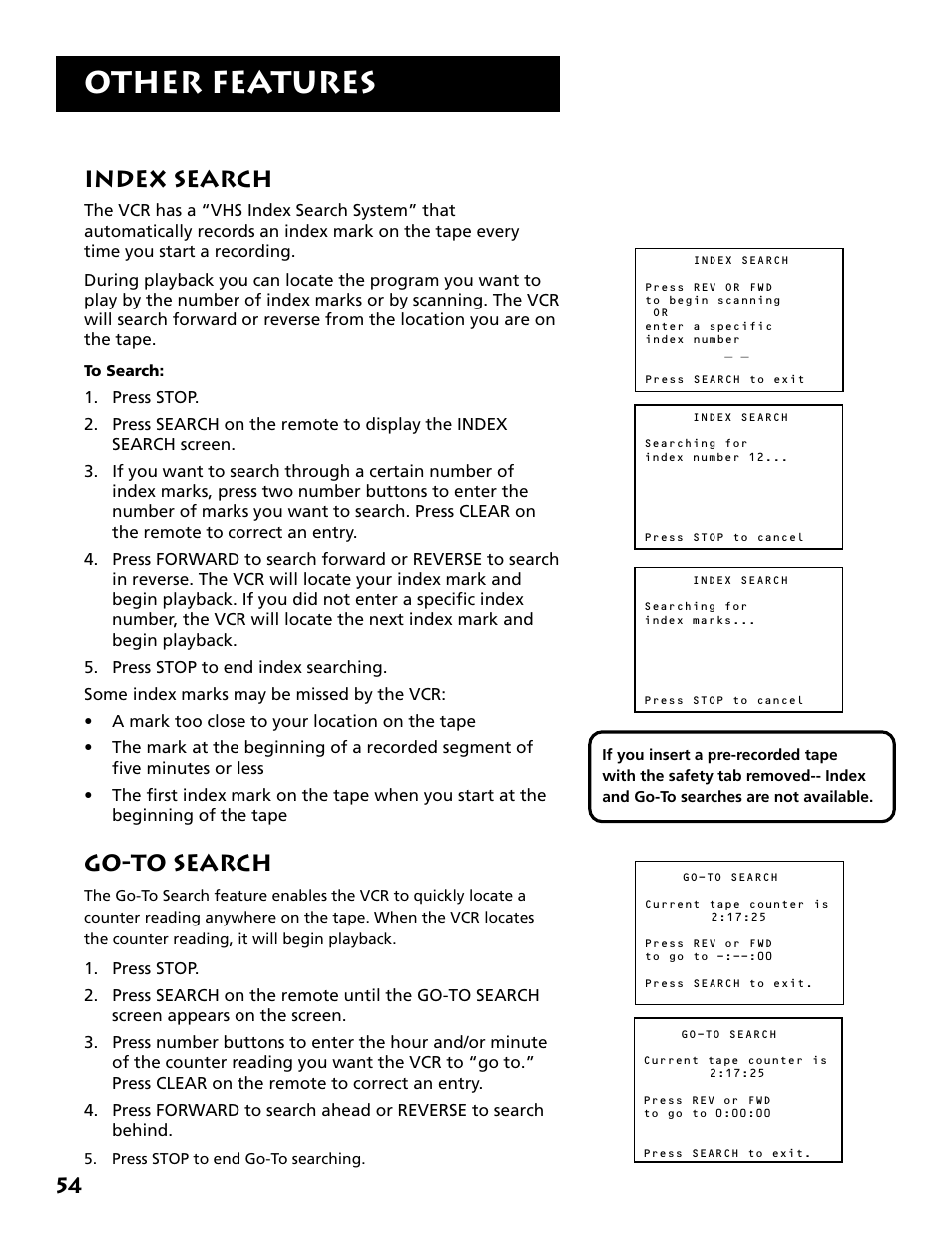 Index search, Go-to search, Index search go-to search | Other features | RCA VR704HF User Manual | Page 56 / 88
