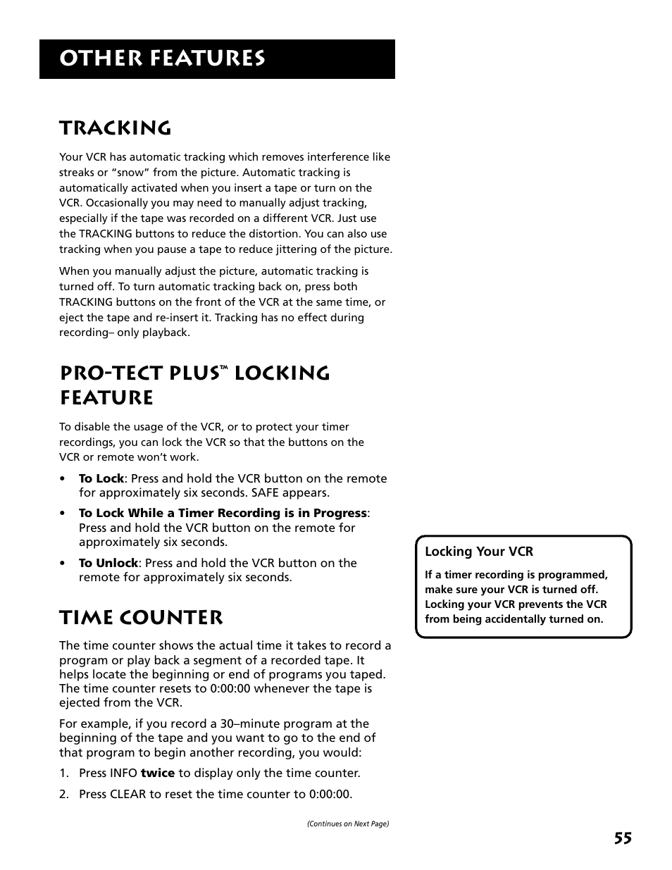 Tracking, Pro-tect plus™ locking feature, Time counter | Other features, Pro-tect plus, Locking feature | RCA VR704HF User Manual | Page 57 / 88