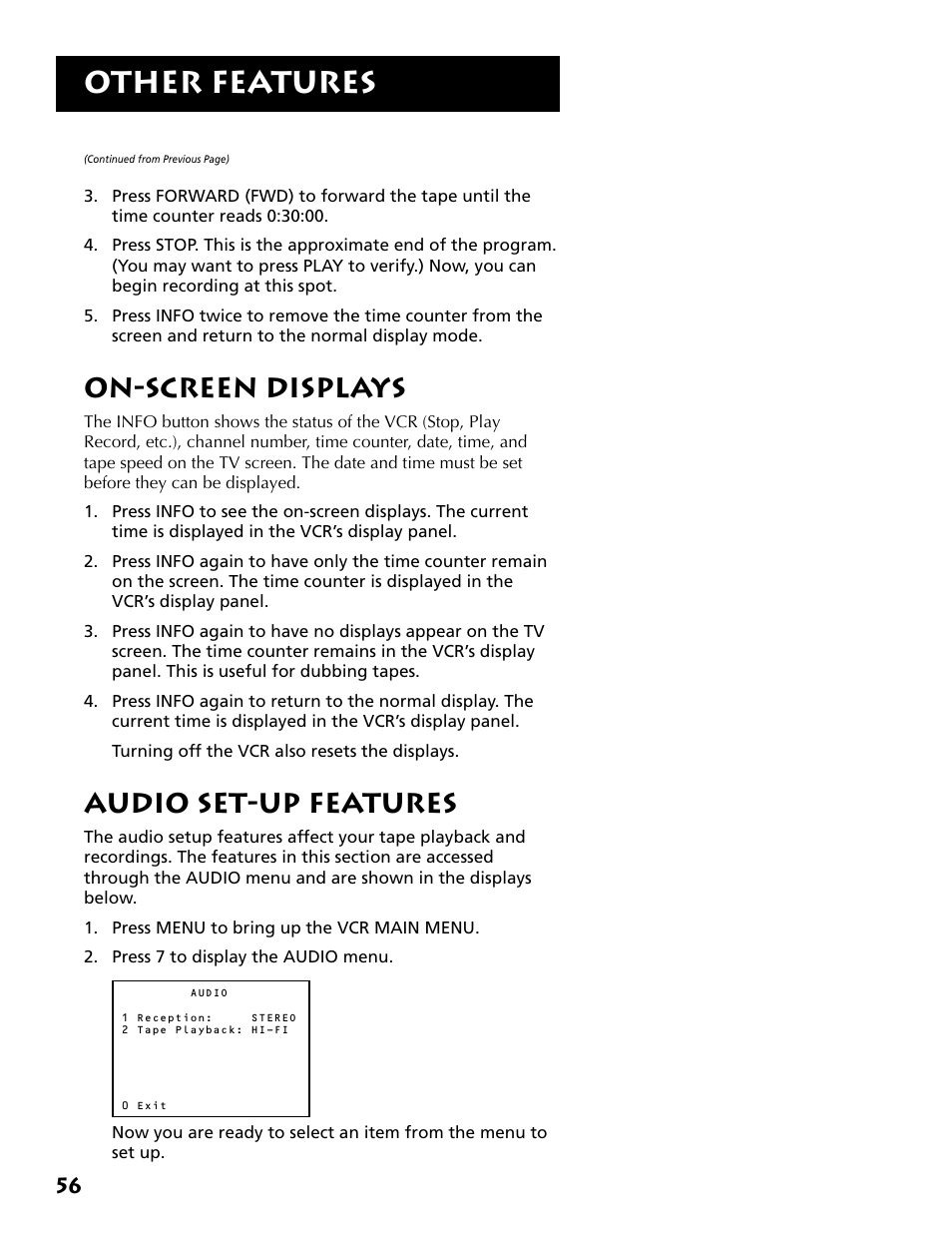 On-screen displays, Audio set-up features, On-screen displays audio set-up features | Other features | RCA VR704HF User Manual | Page 58 / 88