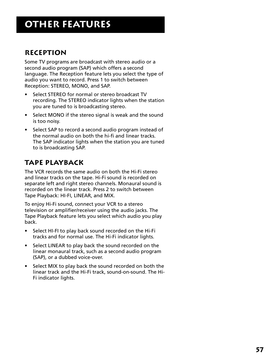 Reception, Tape playback, Reception tape playback | Other features | RCA VR704HF User Manual | Page 59 / 88